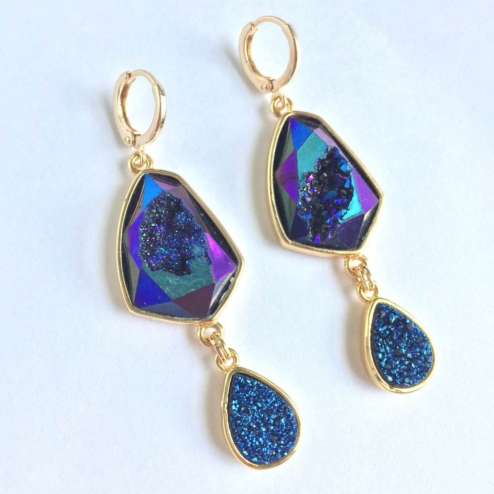 Blue Geode and Druzy Dangle Huggie Earrings ~NWT